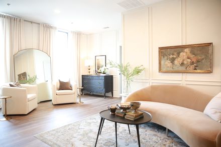 Bridal suite with a velvet sofa